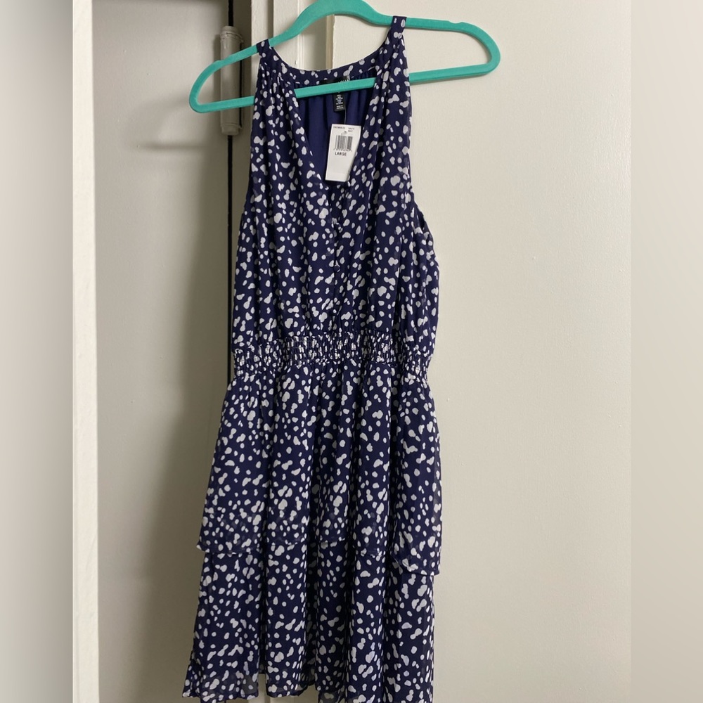 Navy and White Polka Dot Dress, Aqua, Size Large